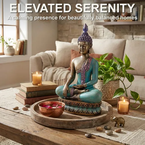 Miniatura 4 de 25DOL Estatua de Buda grande de 12.5 pulgadas para decoración del hogar, escultura de iluminación pintada a mano, decoración de meditación Azul