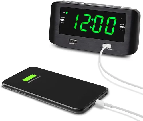 Miniatura 2 de HANNLOMAX HX-146CR Radio despertador, radio FM PLL, alarma dual, pantalla LED verde de 1.2 pulgadas, Bluetooth, 1 puerto USB para carga de 2.4 A y 1
