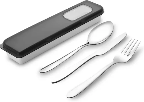 Utensilios de viaje con estuche, juego de 4 cuchillos de acero inoxidable, cucharas y tenedores, juego de cubiertos reutilizables para camping,
