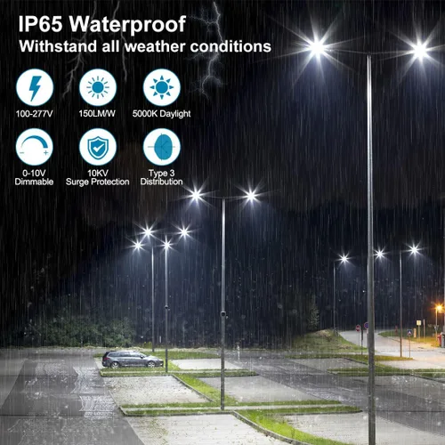 Miniatura 5 de Luz LED de estacionamiento de 150 W con fotocélula, luces LED regulables para exteriores con ajuste deslizante y soporte de brazo en 1, 22500LM
