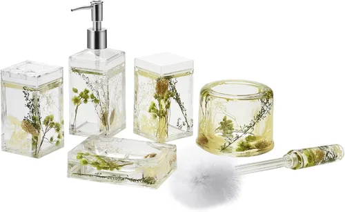 Miniatura 2 de Locco Decor Juego de accesorios de tocador de baño de 5 piezas de acrílico líquido 4D con movimiento flotante para jardín, plantas verdes botánicas
