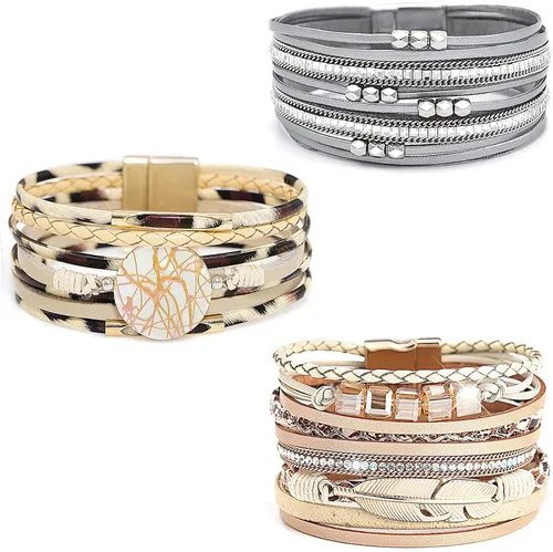 Miniatura 9 de Wowanoo - Juego de 3 pulseras de cuero de varias capas con cierre magnético para mujer, con cristales, ramas de árbol pulseras para mujer.