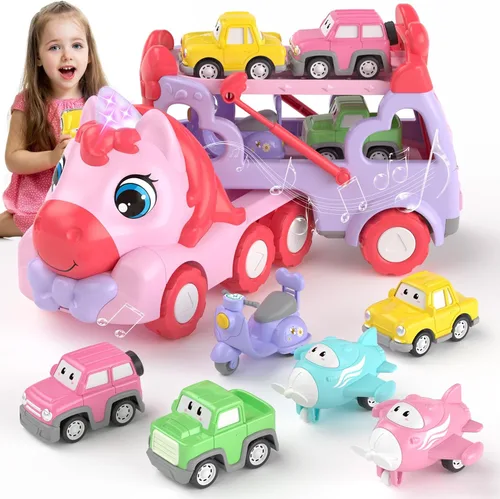 Miniatura 10 de newcrave - Juguetes de camiones para niñas de 1, 2, 3 años, juguetes de autos transportadores 7 en 1 para niñas pequeñas de 1-2, 2-3 años, juguete