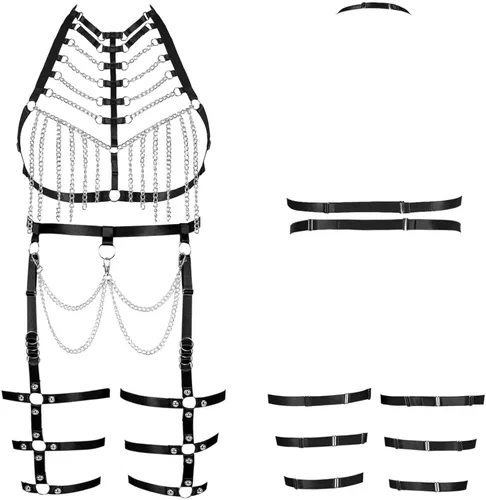 Miniatura 2 de ArnÃ©s de cuerpo de talla grande para mujer y niÃ±a, cadena de metal hueca completa, brasier de jaula, medias de liga, ropa gÃ³tica rave