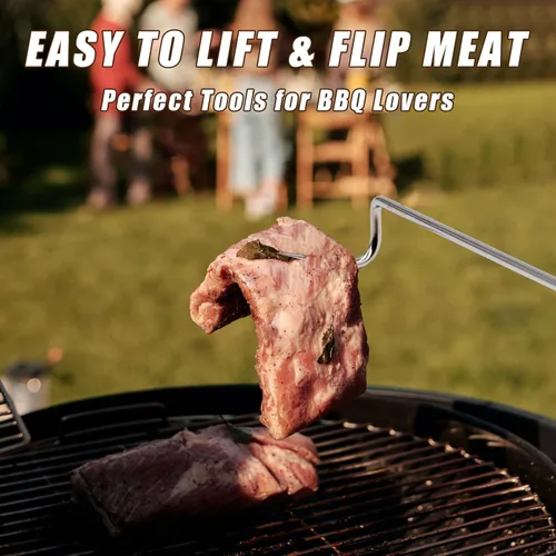 Miniatura 4 de 2 ganchos giratorios de acero inoxidable para barbacoa y carne, accesorios para parrilla con mango de madera para asar y ahumar