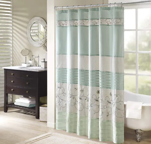 Miniatura 7 de Madison Park Cortina de ducha de tela Serene Flora, cortinas de ducha bordadas de transición para baño, 72 x 72 pulgadas, roja Rojo