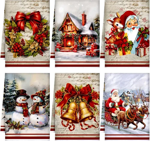 Geyoga 6 toallas de cocina navideñas de 16 x 24 pulgadas, toallas de mano vintage de Navidad, decoración de Santa, alce, muñeco de nieve, toalla de