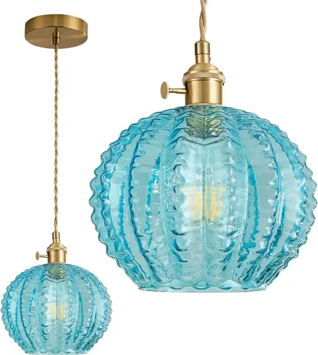 Lámpara colgante vintage de 7.9 pulgadas, 1 luz, luces colgantes para isla de cocina con vidrio soplado a mano de cobre azul, pequeña lámpara
