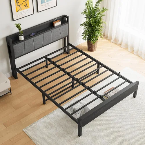 Miniatura 4 de BOFENG Base de cama Queen con cabecero, base de cama tapizada de metal con estación de carga, marco de cama tamaño Queen con almacenamiento,