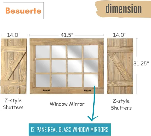 Miniatura 5 de Espejo decorativo grande para ventana, espejos de granja resistentes para decoración de pared con 12 espejos de vidrio real y dos persianas rústicas