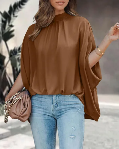 Miniatura 161 de BTFBM Blusas de verano para mujer, cuello alto falso, manga murciélago, holgadas, dobladillo alto y bajo, blusas informales de gran