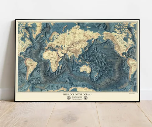 Suelos oceánicos mundiales y alivio de la tierra 1976 - Impresión de mapas topográficos históricos - 24 x 16 pulgadas