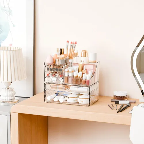 Miniatura 2 de Yieach Paquete de 2 organizadores de maquillaje transparentes para tocador, tocador y baño, organizadores de acrílico apilables con 5 cajones