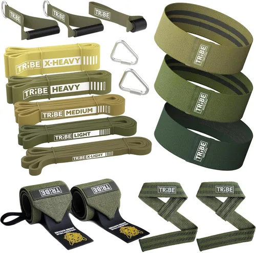 Juego de 5 bandas de entrenamiento, asas de goma, anclaje de puerta, 3 bandas de resistencia de tela, muñequeras y correas de muñeca (verde)