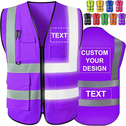 Miniatura 12 de Chaleco de seguridad personalizado de alta visibilidad, reflectante, con logotipo, bolsillo para fotos, cremallera, personalizable, clase 2