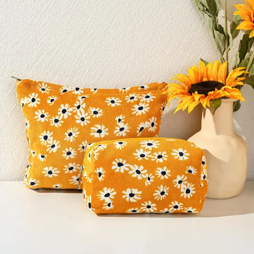 Miniatura 6 de SOIDRAM 2 piezas de bolsa de maquillaje con flores, gran capacidad de cosméticos, bolsa de lona mixta, bolsa de artículos de aseo para viajar