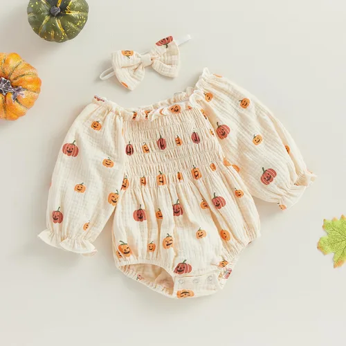 Miniatura 3 de Ropa de Halloween para bebé niña, lindo mameluco de calabaza de algodón y lino de manga larga, overol de otoño