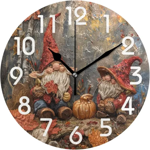 Reloj de pared redondo retro de otoño con dos gnomos y calabaza de 10 pulgadas, funciona con pilas, reloj de escritorio analógico silencioso sin