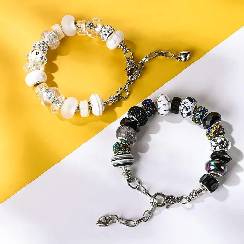 Miniatura 5 de Aipridy Surtido de cuentas europeas de agujeros grandes, cuentas espaciadoras de diamantes de imitación para manualidades, dijes, pulseras y Negro