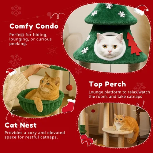 Miniatura 5 de LUCKLIFE Árbol de Navidad para gatos de 48 pulgadas con 2 casas acogedoras, torre moderna para gatos con kit antipuntas, perchas de felpa y bolas