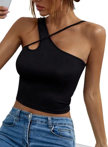 Miniatura 4 de Remidoo Top corto sexy con tirantes asimétricos y corte de punto acanalado para mujer
