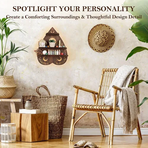 Miniatura 5 de Estante de pared de cristal ANROYE para piedra, arte de soporte de cristal pagano vintage con luz, almacenamiento de gemas de madera wiccana
