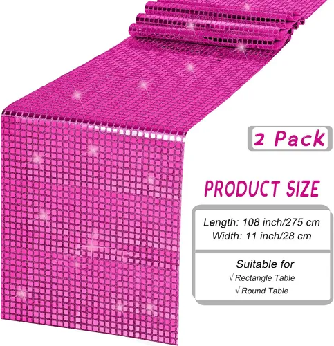 Miniatura 2 de Durony Paquete de 2 caminos de mesa disco de 11 x 108 pulgadas, espejo rosa intenso con laminado de purpurina y lentejuelas brillantes