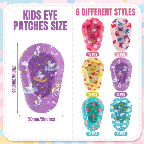 Miniatura 2 de Panelee 60 parches adhesivos para ojos, a granel, transpirables, coloridos, diseños divertidos, de 3 x 2 pulgadas, vendajes de algodón con bloqueo