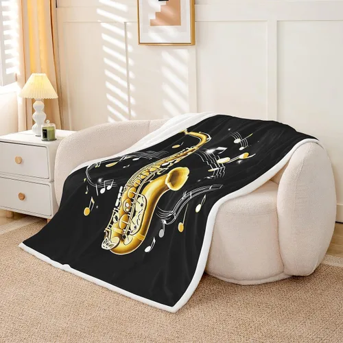 Miniatura 3 de Erosebridal Manta Sherpa de saxofón con notas musicales giratorias, manta de forro polar con instrumentos musicales, manta retro con temática