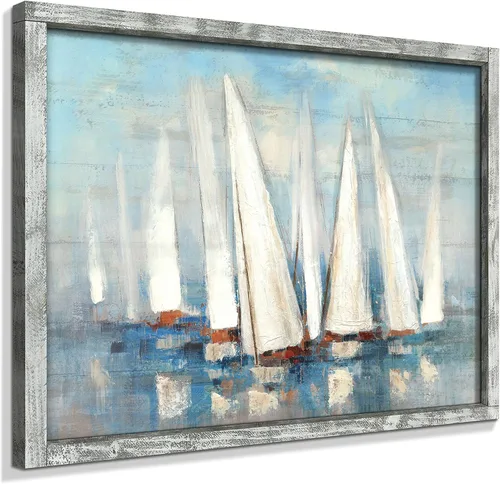 Miniatura 12 de Pintura enmarcada de paisaje marino: arte abstracto del océano, imagen costera, impresiones de veleros en madera en estilo moderno para decoración