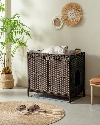 Miniatura 6 de SETVSON Mueble Caja de Arena para Gatos, Caja de Arena Oculta de Ratán Tejido a Mano con Alfombrilla, Casa Grande para Gatos con Patas Elevadas
