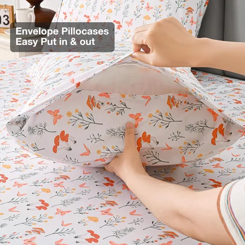 Miniatura 75 de Viviland Juego de sábanas de 3 piezas con estampado botánico de mariposas y flores rosas y moradas, sábanas de microfibra suave y transpirable