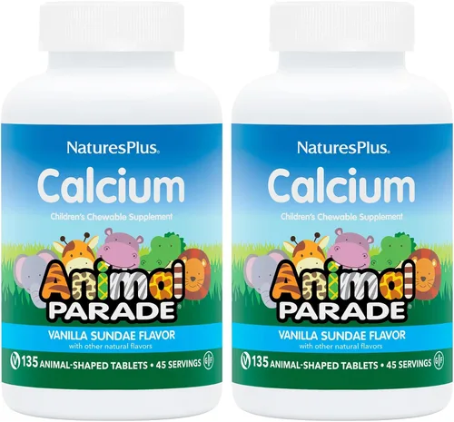 NaturesPlus Animal Parade Calcio, sabor vainilla Sundae, 135 tabletas masticables en forma de animal, paquete de 2 unidades, vegano, sin gluten, 90