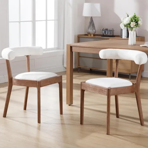 Miniatura 11 de Kmax Sillas de comedor de mediados de siglo, sillas de cocina de tela moderna con marco con acabado de nogal natural, respaldo curvado de lino, beige