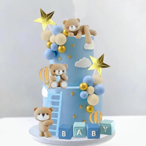 Decoraciones de pastel con Osos y Bolas con letras BEBÉ para Baby Shower y Fiesta de Cumpleaños para Niño o Niña (Azul)