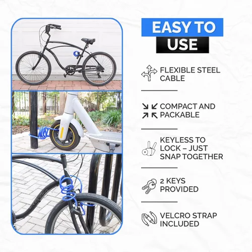 Miniatura 5 de DocksLocks Juego de candado de cable para bicicleta, cable de seguridad en espiral con cerradura de llave y soporte de montaje, protección antirrobo