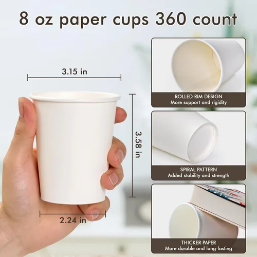 Miniatura 3 de TV TOPVALUE 360 unidades de tazas de papel de 8 onzas, tazas de papel desechables de café de 8 onzas, tazas de bebidas calientes para agua, jugo