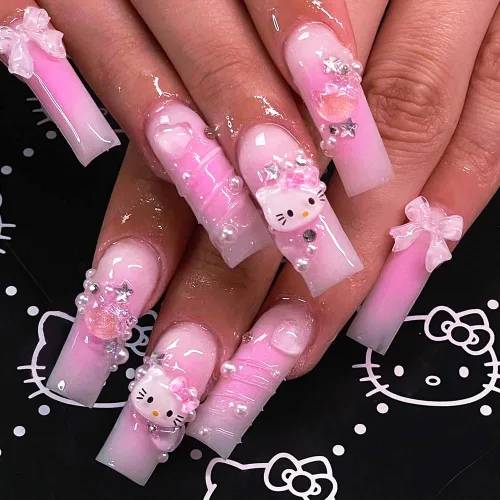Miniatura 11 de Uñas postizas a presión con estampado de leopardo, lindas uñas postizas con dijes, uñas largas de ataúd, uñas postizas de cobertura completa