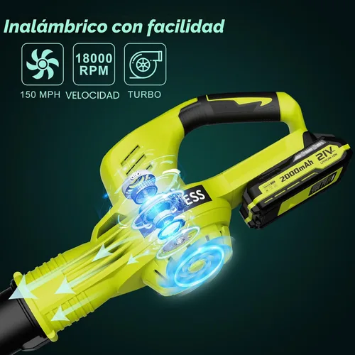 Miniatura 4 de Soplador de hojas inalámbrico, potente soplador eléctrico de hojas de 21 V con 2 baterías y cargador, 2 modos de velocidad, sopladores de hojas