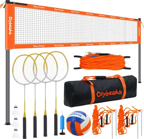 Conjunto combinado de bádminton de voleibol al aire libre con red, diseño antiflacidez, 4 raquetas de bádminton, 3 pajaritos y voleibol de Oange