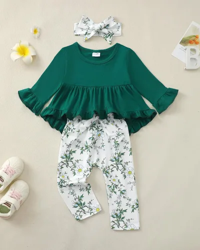 Miniatura 194 de Kucnuzki Conjunto de ropa para bebé niña pequeña, camisa de manga con volantes, pantalón floral, ropa de otoño e invierno para niña