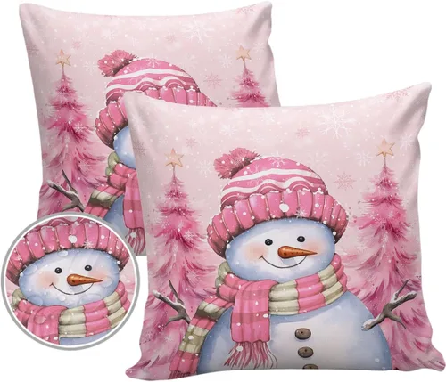 Funda de almohada de invierno para exteriores, diseño de muñeco de nieve, pino, rosa, impermeable, paquete de 2 fundas de almohada con copos de