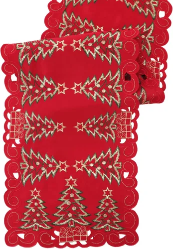 Miniatura 4 de Simplebrand Camino de mesa de Navidad rojo de 13 x 70 pulgadas de largo, camino de mesa de Navidad bordado con árbol de Navidad verde y regalos