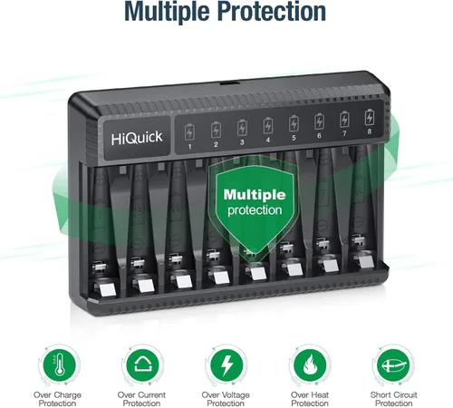 Miniatura 3 de HiQuick Cargador de batería inteligente de 8 bahías con 8 pilas AA + 16 pilas recargables AA