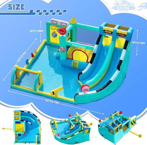 Miniatura 4 de FINCOME Bounce House - Tobogán doble para niños de 3 a 10 años, castillo de rebote grande con soplador de aire de 550 W, piscina, salto, escalada