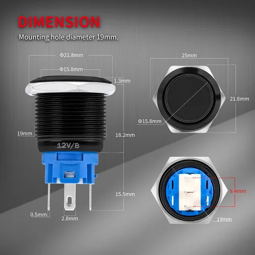 Miniatura 2 de DaierTek - Interruptor de botón de encendido y apagado, 0.472 in CC, 4 pines, 12 V, impermeable, interruptor de metal con arnés de cableado y luz