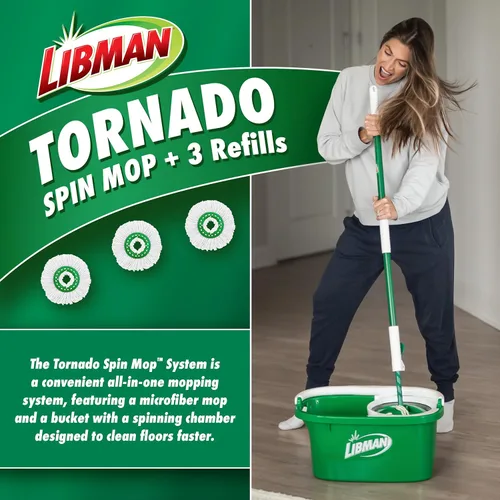 Miniatura 2 de Libman Tornado - Sistema de trapeador giratorio con cabezales de recambio, trapeador giratorio de microfibra y cubo con escurridor para el hogar
