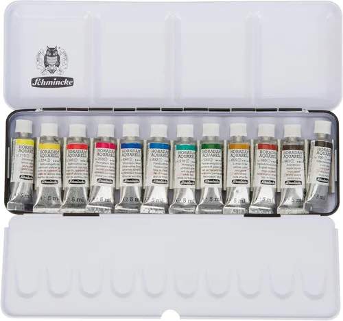 Schmincke - Caja de color HORADAM® AQUARELL, surtido básico, tubos de 12 x 0.2 fl oz, 74112097, caja de metal, juego de pintura, mejores acuarelas