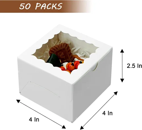 Miniatura 3 de XINHPKGG 50 cajas de galletas de 4 x 4 x 2.5 pulgadas, cajas de panadería con ventana, caja de postre para recuerdos de boda, fiesta, color blanco