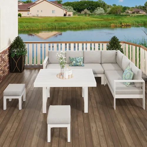 Miniatura 2 de Solaste Juego de 2 otomanas de patio al aire libre, taburetes de aluminio para exteriores con cojines, muebles de asiento pequeños para balcón